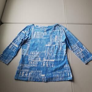 J. McLaughlin Shirt Catalina Womens Large Blue Geometric Boat Neck 3/4 Sleeve